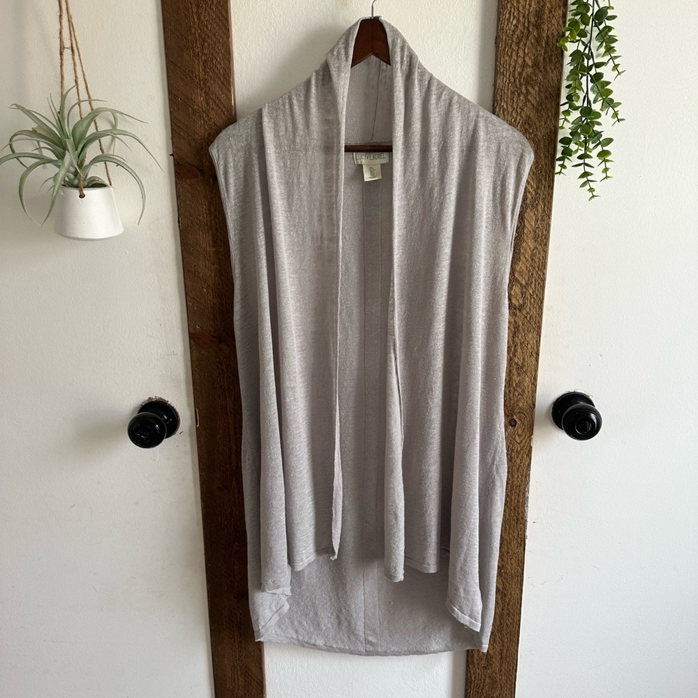 Lucy & Laurel 100% Linen Open Front Cardigan Sleeveless Light Gray Women’s Large
